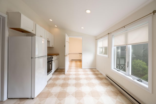 117 Long Meadow Hill Rd, Brookfield, CT 06804 - kitchen featuring freestanding refrigerator, a baseboard heating unit, light flooring, recessed lighting, and stove
