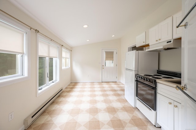 117 Long Meadow Hill Rd, Brookfield, CT 06804 - kitchen featuring range with electric stovetop, baseboard heating, under cabinet range hood, white cabinetry, and light floors