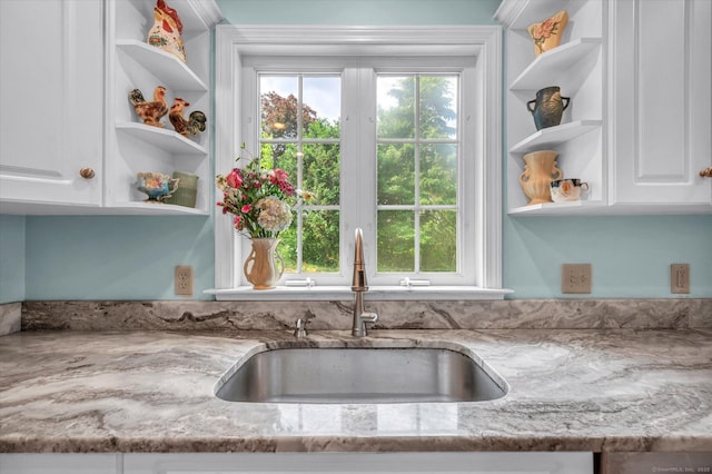 18 Overlook Ave, Middletown, CT 06457 - kitchen featuring open shelves, light stone counters, and white cabinetry