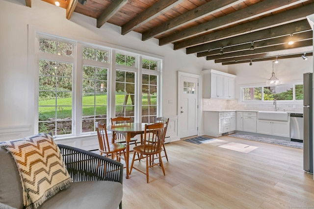 7 Calvin Rd, Wilton, CT 06897 - dining space with a wooden ceiling with exposed beams and light wood-style flooring