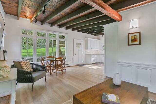 7 Calvin Rd, Wilton, CT 06897 - living area with a wooden ceiling with exposed beams, light wood-type flooring, wainscoting, and a decorative wall