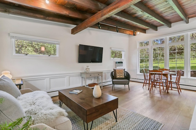 7 Calvin Rd, Wilton, CT 06897 - living area with a wood ceiling with exposed beams, wood finished floors, a baseboard heating unit, and wainscoting