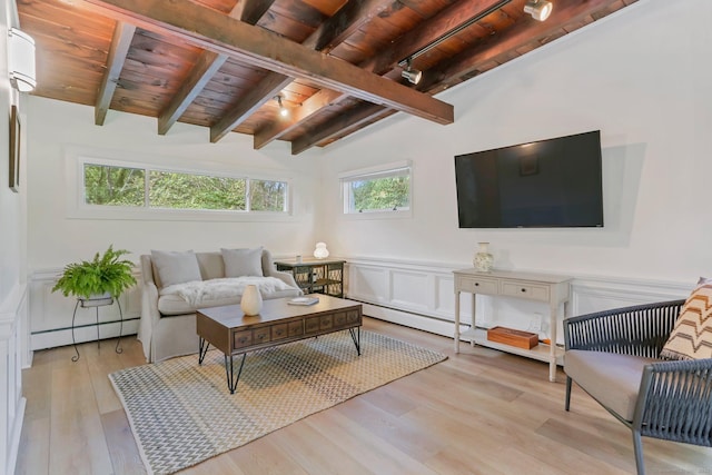 7 Calvin Rd, Wilton, CT 06897 - living area with a wood ceiling with exposed beams, a baseboard radiator, wood finished floors, and a wainscoted wall