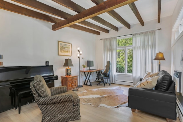 7 Calvin Rd, Wilton, CT 06897 - living area featuring beam ceiling, an office area, light wood-style floors, and a baseboard heating unit