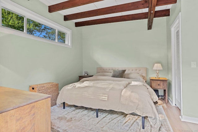 7 Calvin Rd, Wilton, CT 06897 - bedroom featuring light wood-style floors and beamed ceiling