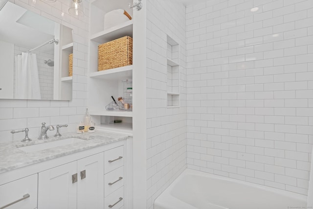 7 Calvin Rd, Wilton, CT 06897 - bathroom with vanity, shower / tub combo, and tasteful backsplash