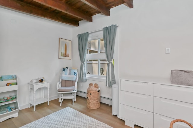 7 Calvin Rd, Wilton, CT 06897 - living area featuring wood finished floors, a wooden ceiling with exposed beams, and baseboard heating