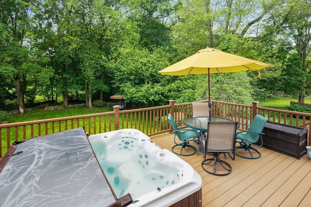 14 Maple St, Darien, CT 06820 - deck with outdoor dining space, a hot tub, and view of wooded area