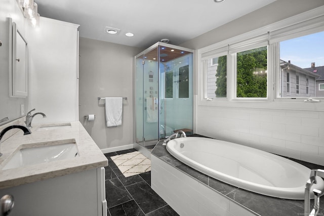 14 Maple St, Darien, CT 06820 - bathroom with a bath, a shower stall, double vanity, marble finish floors, and recessed lighting