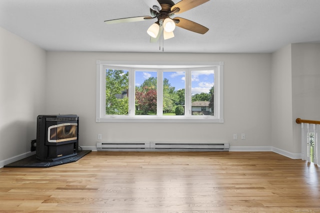 66 Pinnacle Rd, Bristol, CT 06010 - unfurnished living room with a wood stove, plenty of natural light, light wood-style flooring, and ceiling fan