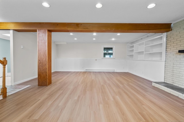 66 Pinnacle Rd, Bristol, CT 06010 - unfurnished living room featuring baseboard heating, beam ceiling, light wood finished floors, and recessed lighting