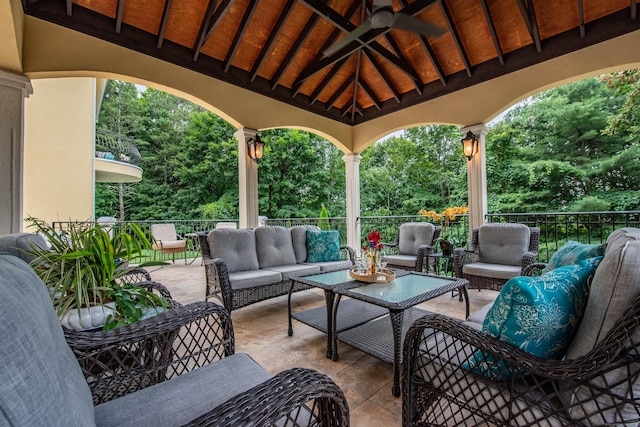 2 Barberry Ln, Farmington, CT 06032 - view of patio with an outdoor hangout area, a ceiling fan, and view of scattered trees