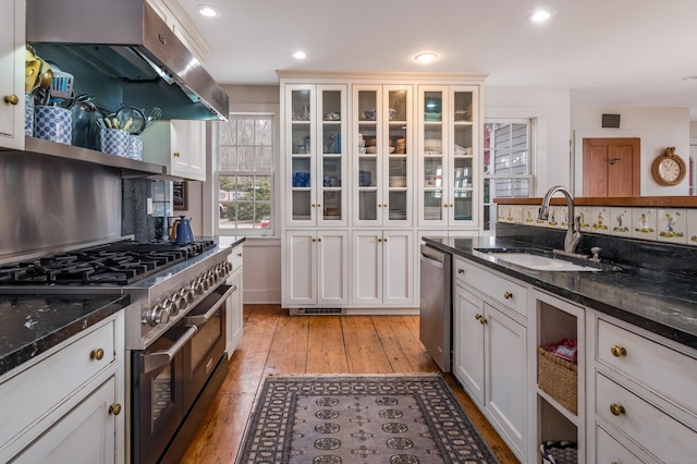 850 Noank Rd, Groton, CT 06355 - kitchen with stainless steel appliances, under cabinet range hood, light wood-type flooring, glass insert cabinets, and dark stone countertops