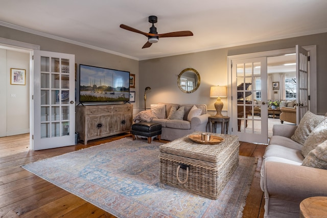 850 Noank Rd, Groton, CT 06355 - living room featuring french doors, a ceiling fan, hardwood / wood-style flooring, and crown molding