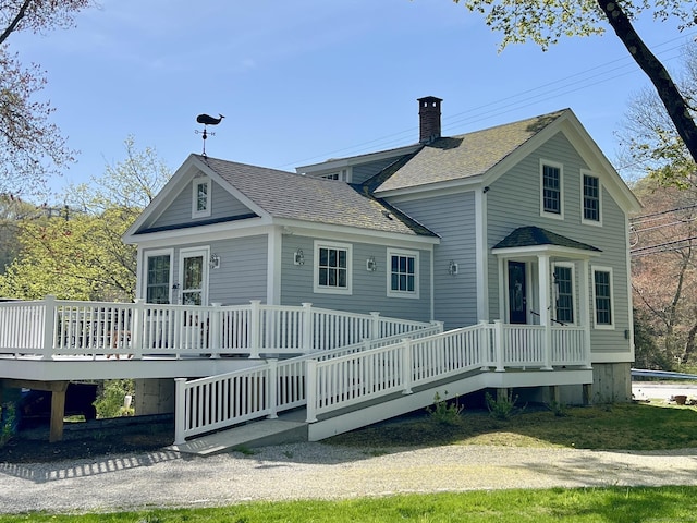 850 Noank Rd, Groton, CT 06355 - rear view of house with a chimney, roof with shingles, and a deck