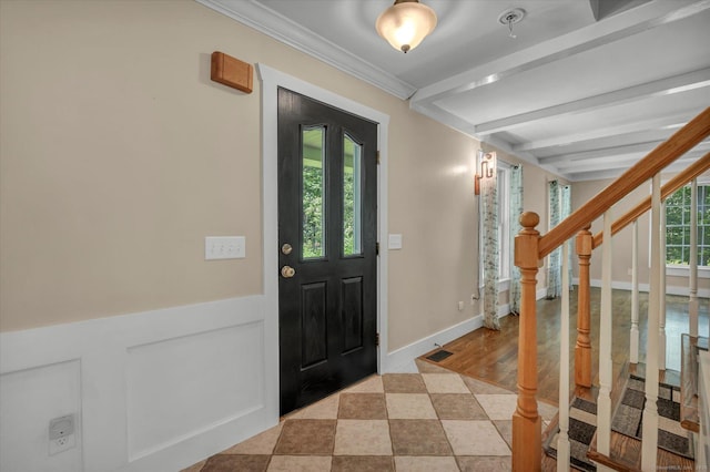 42 Woodmont Cir, East Haddam, CT 06423 - foyer featuring beam ceiling, stairway, and crown molding