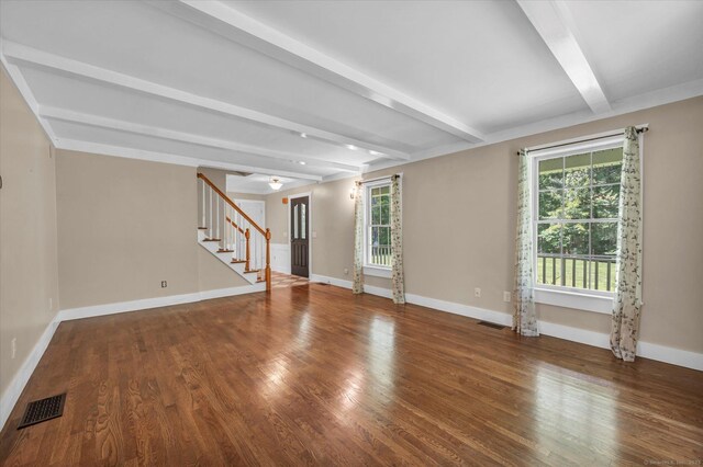 42 Woodmont Cir, East Haddam, CT 06423 - spare room featuring beamed ceiling, stairway, and wood finished floors