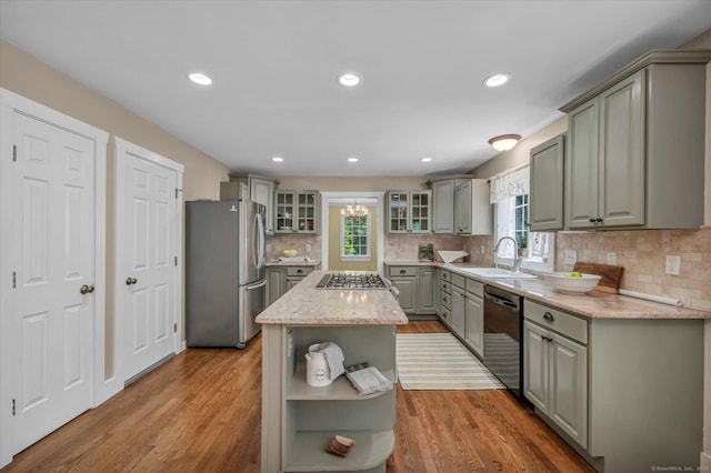 42 Woodmont Cir, East Haddam, CT 06423 - kitchen featuring stainless steel appliances, open shelves, gray cabinetry, decorative backsplash, and recessed lighting