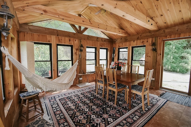 279 Pratt St, Winchester, CT 06098 - dining space with wood walls, tile patterned floors, and wooden ceiling