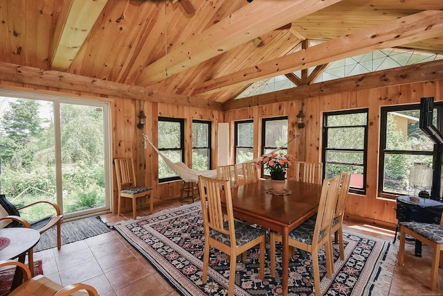 279 Pratt St, Winchester, CT 06098 - dining room with light tile patterned floors, wood walls, and wooden ceiling