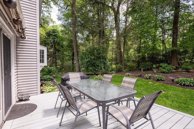 1 Whippoorwill Ln, Brookfield, CT 06804 - wooden deck with outdoor dining space, a yard, and a grill