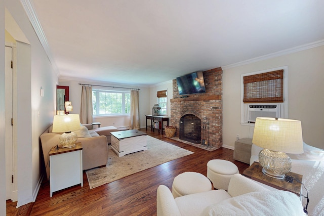 1 Whippoorwill Ln, Brookfield, CT 06804 - living area with crown molding, cooling unit, wood finished floors, a fireplace, and a baseboard heating unit