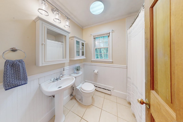 1 Whippoorwill Ln, Brookfield, CT 06804 - full bath featuring a baseboard radiator, wainscoting, tile patterned flooring, ornamental molding, and a shower with shower curtain
