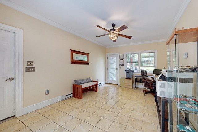 1 Whippoorwill Ln, Brookfield, CT 06804 - office featuring ornamental molding, light tile patterned floors, a ceiling fan, and a baseboard heating unit