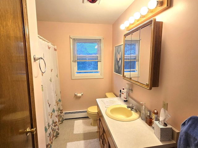 51 Peppermint Ln, Bristol, CT 06010 - bathroom with a baseboard radiator, vanity, curtained shower, and tile patterned flooring