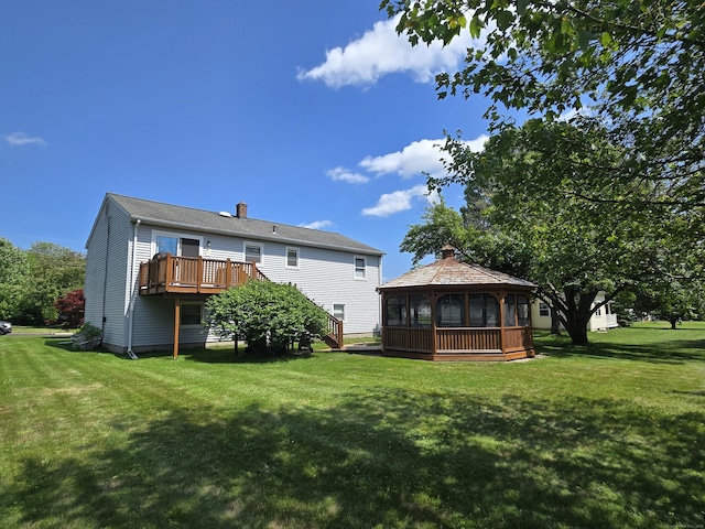 51 Peppermint Ln, Bristol, CT 06010 - rear view of property with a gazebo, a lawn, a chimney, and a wooden deck