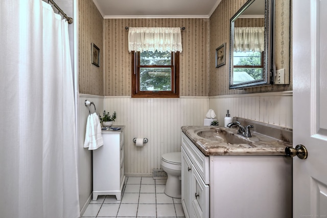 55 Mary Ellen Dr, Milford, CT 06460 - bathroom with a wainscoted wall, vanity, wallpapered walls, tile patterned floors, and a shower with shower curtain