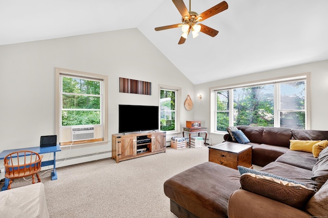108 Pilgrim Dr, Windsor, CT 06095 - living area with cooling unit, high vaulted ceiling, plenty of natural light, a ceiling fan, and carpet