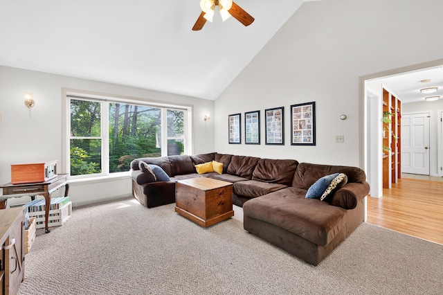 108 Pilgrim Dr, Windsor, CT 06095 - living room with a ceiling fan, high vaulted ceiling, carpet floors, and wood finished floors