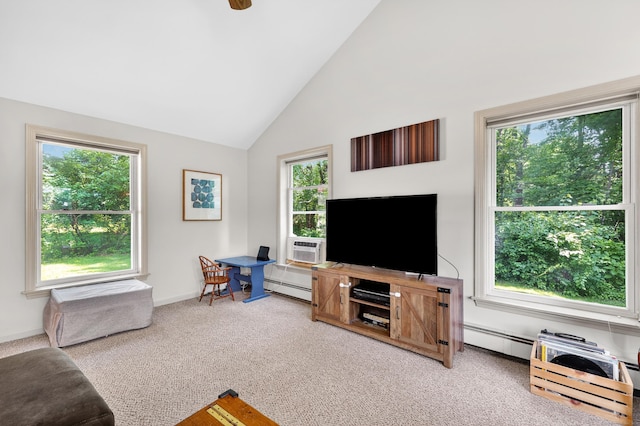 108 Pilgrim Dr, Windsor, CT 06095 - living area featuring plenty of natural light, baseboard heating, light colored carpet, and high vaulted ceiling