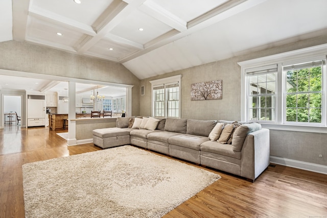 47 Tubbs Spring Dr, Weston, CT 06883 - living room featuring a chandelier, light wood-style flooring, coffered ceiling, and recessed lighting