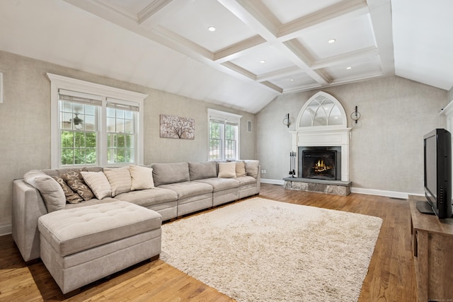 47 Tubbs Spring Dr, Weston, CT 06883 - living area with wood finished floors, a stone fireplace, coffered ceiling, and recessed lighting