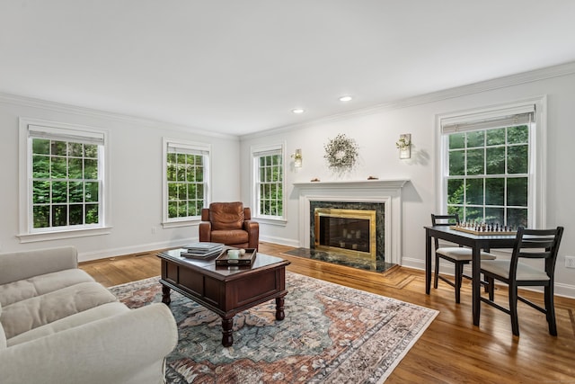 47 Tubbs Spring Dr, Weston, CT 06883 - living room featuring ornamental molding, healthy amount of natural light, wood finished floors, a fireplace, and recessed lighting