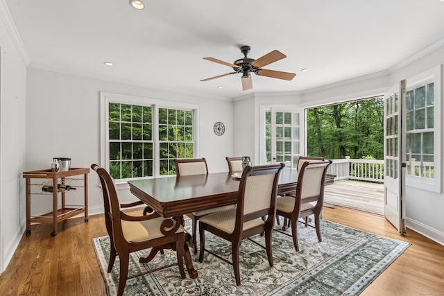 47 Tubbs Spring Dr, Weston, CT 06883 - dining space with a ceiling fan, light wood-style floors, ornamental molding, and recessed lighting