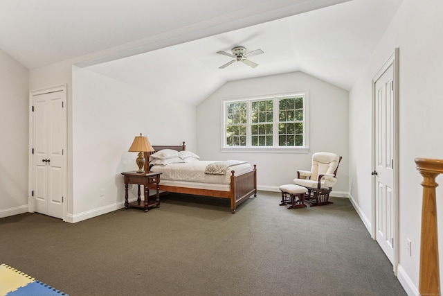 47 Tubbs Spring Dr, Weston, CT 06883 - bedroom with dark colored carpet, vaulted ceiling, and ceiling fan