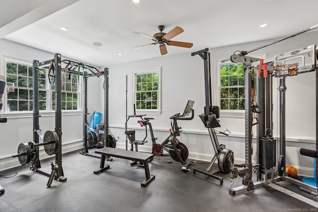 47 Tubbs Spring Dr, Weston, CT 06883 - exercise area featuring a ceiling fan and recessed lighting