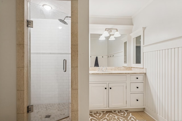 47 Tubbs Spring Dr, Weston, CT 06883 - full bath with a shower stall, vanity, ornamental molding, tile patterned flooring, and a chandelier