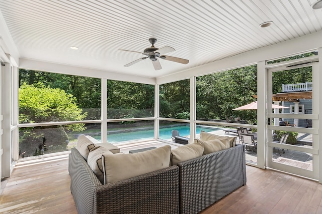 47 Tubbs Spring Dr, Weston, CT 06883 - sunroom featuring an outdoor living space, ceiling fan, and healthy amount of natural light
