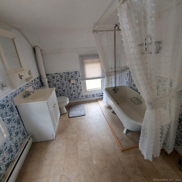 3 Prospect Pl, Middletown, CT 06457 - full bathroom featuring baseboard heating, vanity, tile patterned floors, and shower / tub combo