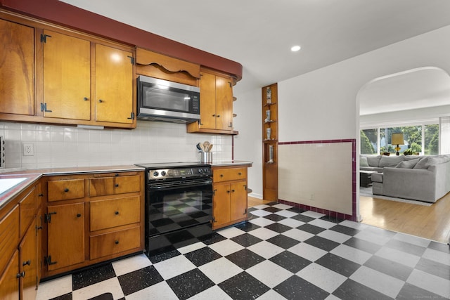 5 Greenfield Dr, Ansonia, CT 06401 - kitchen featuring stainless steel microwave, electric range, light flooring, light countertops, and recessed lighting
