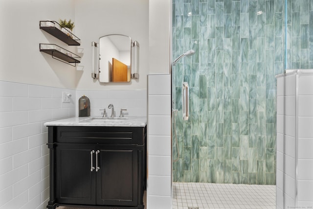 5 Greenfield Dr, Ansonia, CT 06401 - full bath with tile walls, vanity, a stall shower, and wainscoting