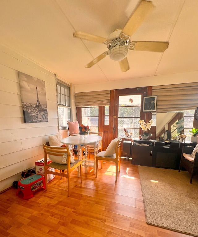 30 Roulin St, Torrington, CT 06790 - dining area featuring healthy amount of natural light, ceiling fan, wooden walls, and wood finished floors
