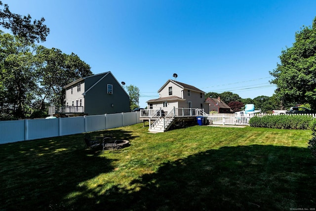 8 Johnson St, Stonington, CT 06379 - fenced backyard with a wooden deck, a fire pit, and stairway