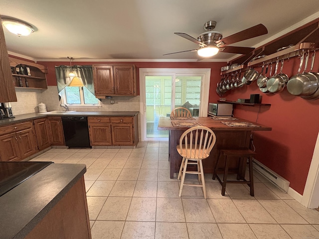 109 Middle Rd, Enfield, CT 06082 - kitchen with dishwasher, dark countertops, decorative backsplash, baseboard heating, and crown molding