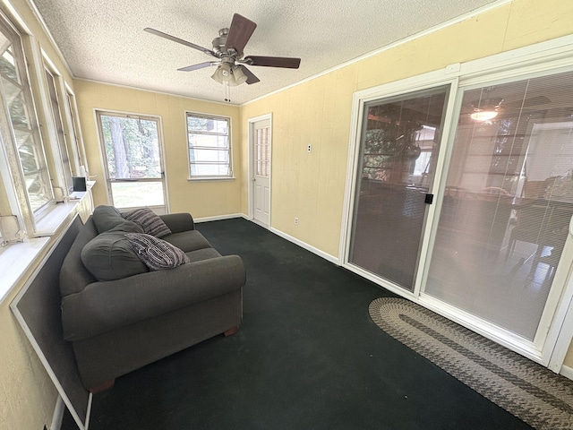 109 Middle Rd, Enfield, CT 06082 - sunroom featuring ceiling fan, a textured ceiling, ornamental molding, and carpet flooring