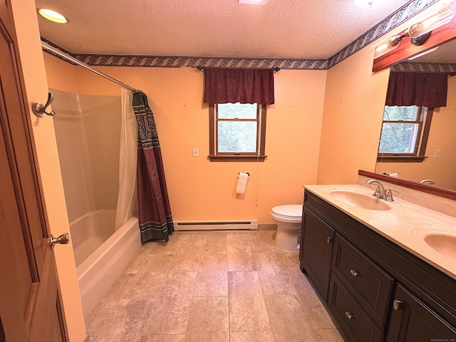 109 Middle Rd, Enfield, CT 06082 - bathroom featuring a baseboard heating unit, a textured ceiling, double vanity, and shower / bath combination with curtain